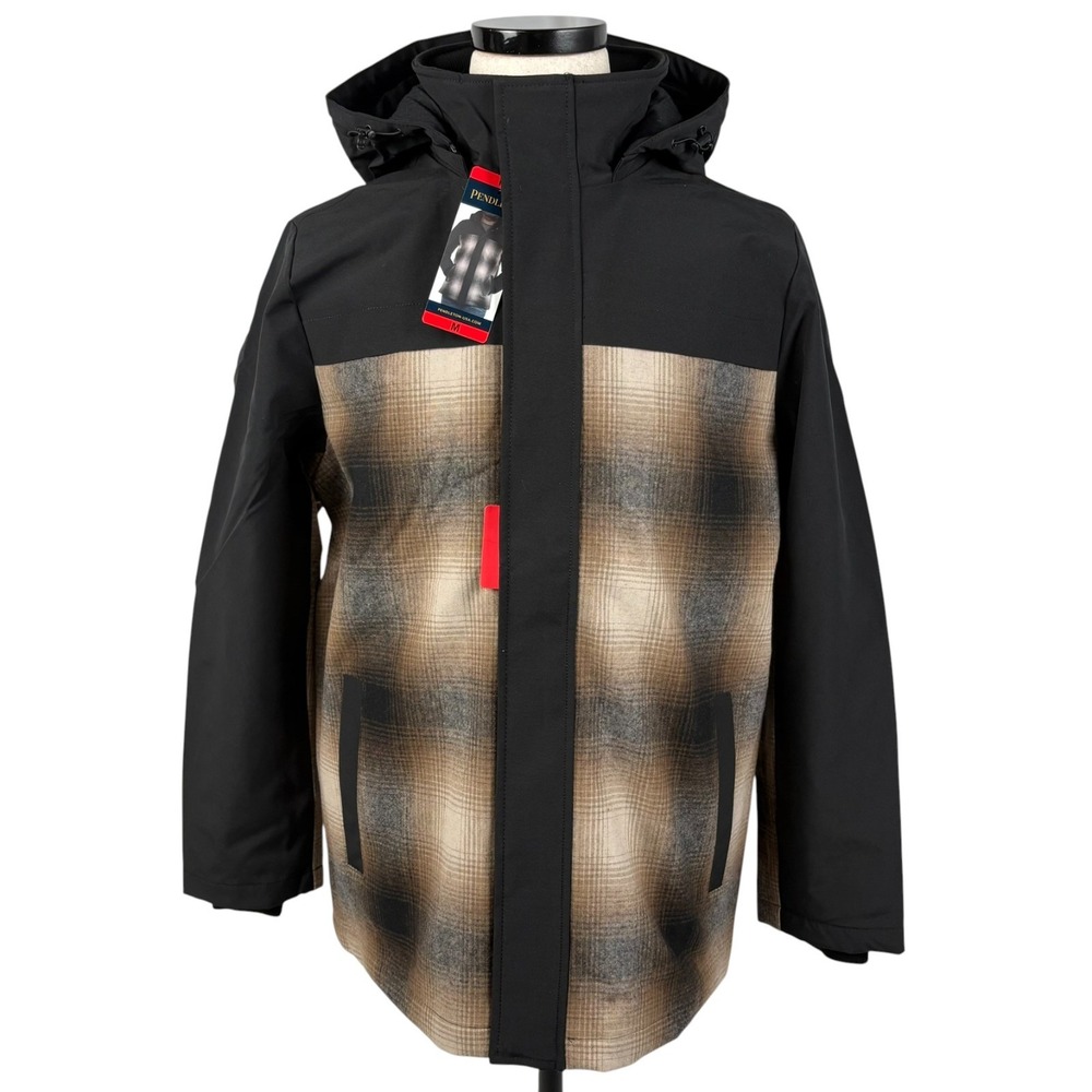 Pendleton Hooded Wool Blend Jacket Mens Large Brown Plaid Removeable Hood NEW